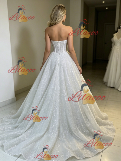 White Sequins Strapless Wedding Dres
