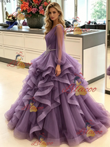 Purple Tulle Long Sleeve Pleats Prom Dress