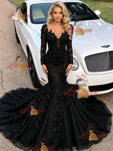 Black Mermaid Long Sleeve V-neck Prom Dress