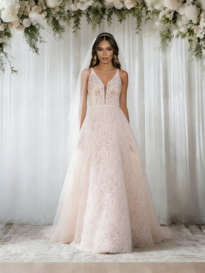 Champagne Lace V-neck Wedding Dress