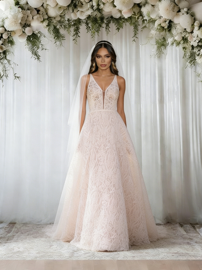 Champagne Lace V-neck Wedding Dress