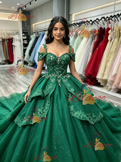 Green Tulle Sequins Straps Quinceanera Dress