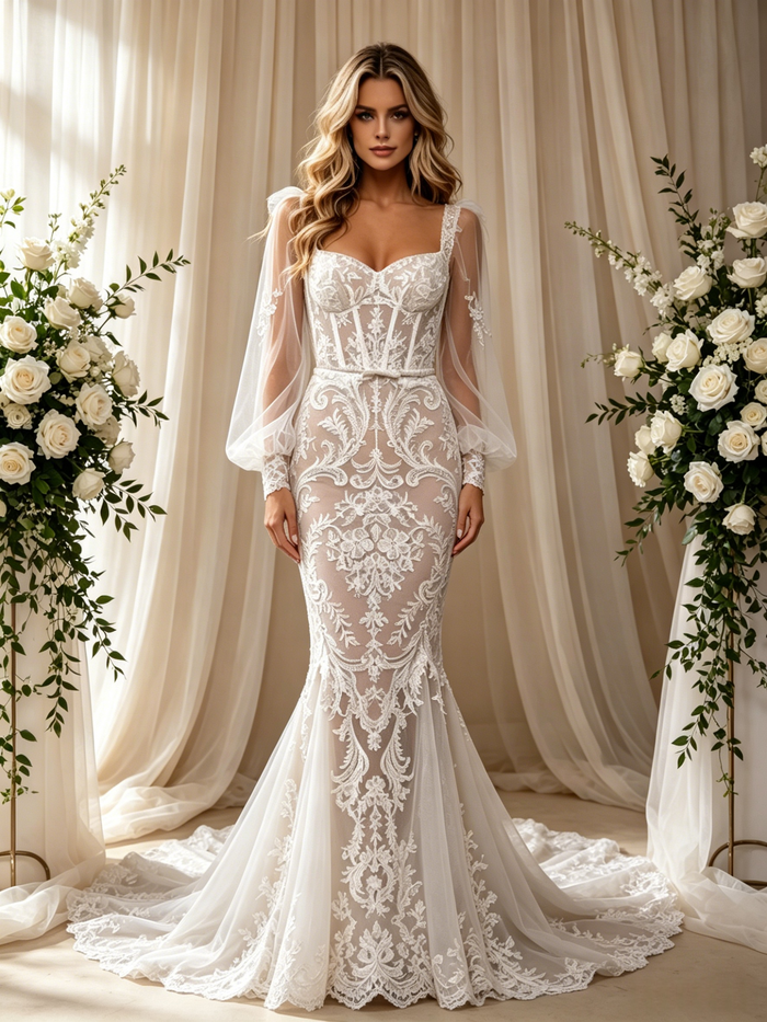 White Mermaid Tulle Lace Long Sleeve Wedding Dress