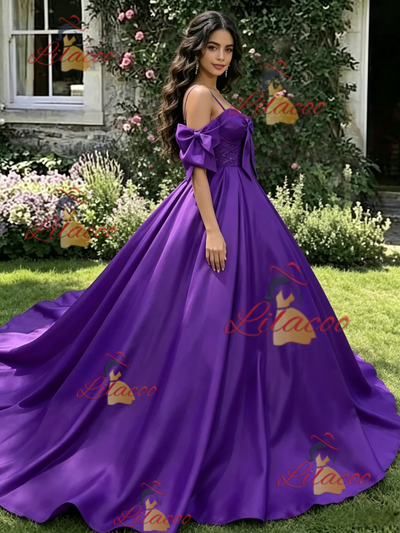Purple Satin Straps Quinceanera Dress