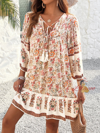 Casual Bohemian Printed V-neck Dress