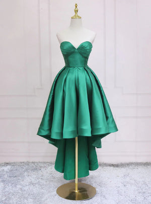 Green Satin Pleats Hi Lo Prom Dress