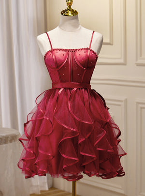 Burgundy Tulle Straps Pearls Homecoming Dress
