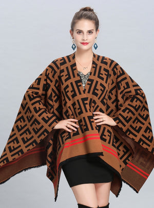 Letter Jacquard Tassel Knitted Shawl Cloak