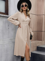 Solid Color Long Sleeve Slit Dress