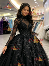 Black Long Sleeve Appliques Quinceanera Dress