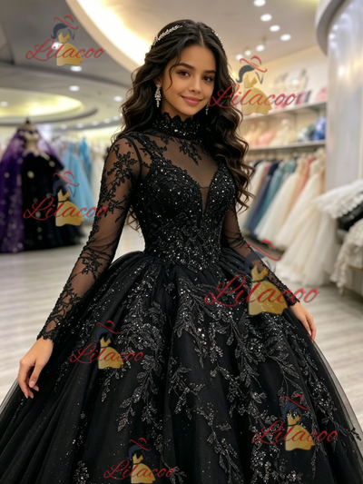 Black Long Sleeve Appliques Quinceanera Dress