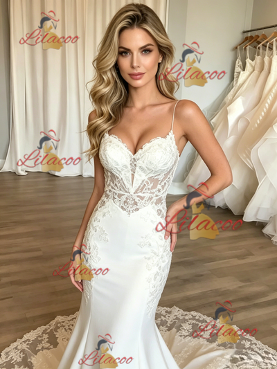 White Mermaid Spaghetti Straps Wedding Dress