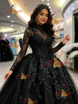 Black Long Sleeve Appliques Quinceanera Dress