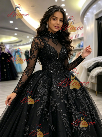 Black Long Sleeve Appliques Quinceanera Dress