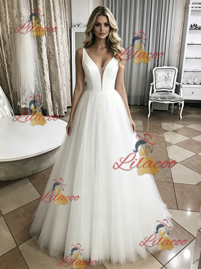 White Tulle V-neck Wedding Dress