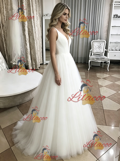 White Tulle V-neck Wedding Dress