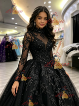 Black Long Sleeve Appliques Quinceanera Dress