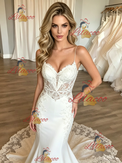 White Mermaid Spaghetti Straps Wedding Dress