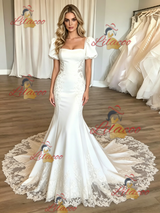 White Mermaid Puff Sleeve Appliques Wedding Dress