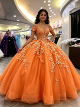 Orange Tulle Off the Shoulder Appliques Quinceanera Dress