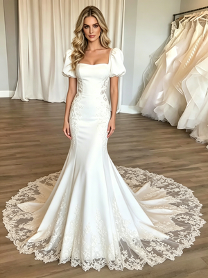 White Mermaid Puff Sleeve Appliques Wedding Dress