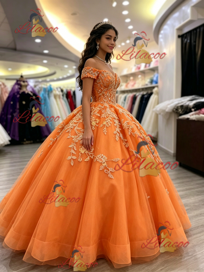 Orange Tulle Off the Shoulder Appliques Quinceanera Dress