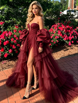 Burgundy Tulle Pleats Long Sleeve Prom Dress