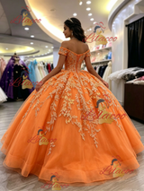 Orange Tulle Off the Shoulder Appliques Quinceanera Dress