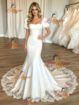 White Mermaid Puff Sleeve Appliques Wedding Dress