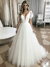 White Tulle V-neck Puff Sleeve Wedding Dress