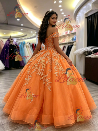 Orange Tulle Off the Shoulder Appliques Quinceanera Dress