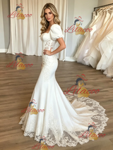 White Mermaid Puff Sleeve Appliques Wedding Dress