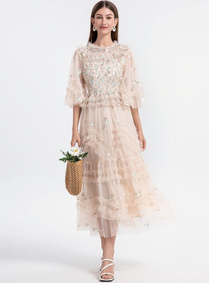 Heavy Industry Embroidery Flower Mesh Knee-length Dress