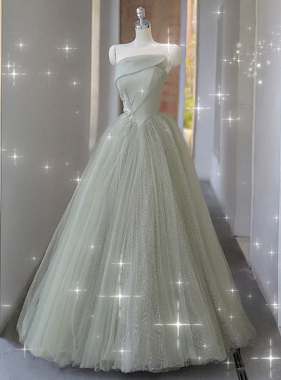 Green Tulle Sequins Strapless Appliques Prom Dress