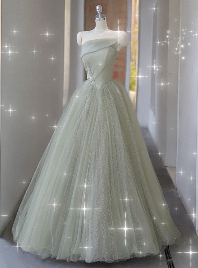 Green Tulle Sequins Strapless Appliques Prom Dress