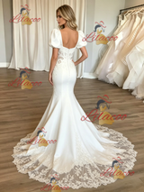 White Mermaid Puff Sleeve Appliques Wedding Dress
