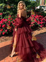 Burgundy Tulle Pleats Long Sleeve Prom Dress