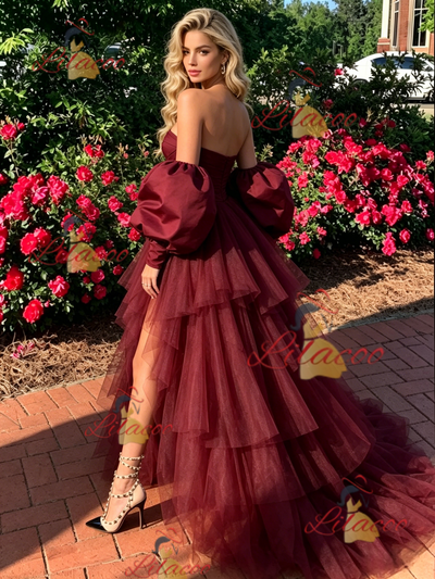 Burgundy Tulle Pleats Long Sleeve Prom Dress