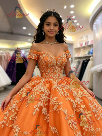 Orange Tulle Off the Shoulder Appliques Quinceanera Dress