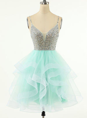 Tulle Spaghetti Straps Beading Homecoming Dress