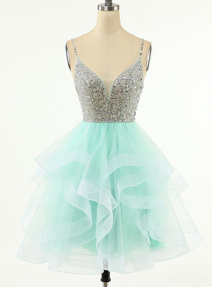 Tulle Spaghetti Straps Beading Homecoming Dress