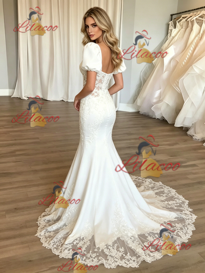 White Mermaid Puff Sleeve Appliques Wedding Dress