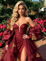Burgundy Tulle Pleats Long Sleeve Prom Dress