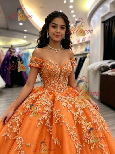 Orange Tulle Off the Shoulder Appliques Quinceanera Dress