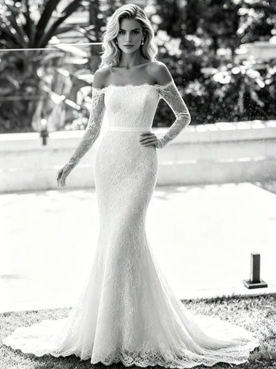 White Mermaid Lace Long Sleeve Wedding Dress