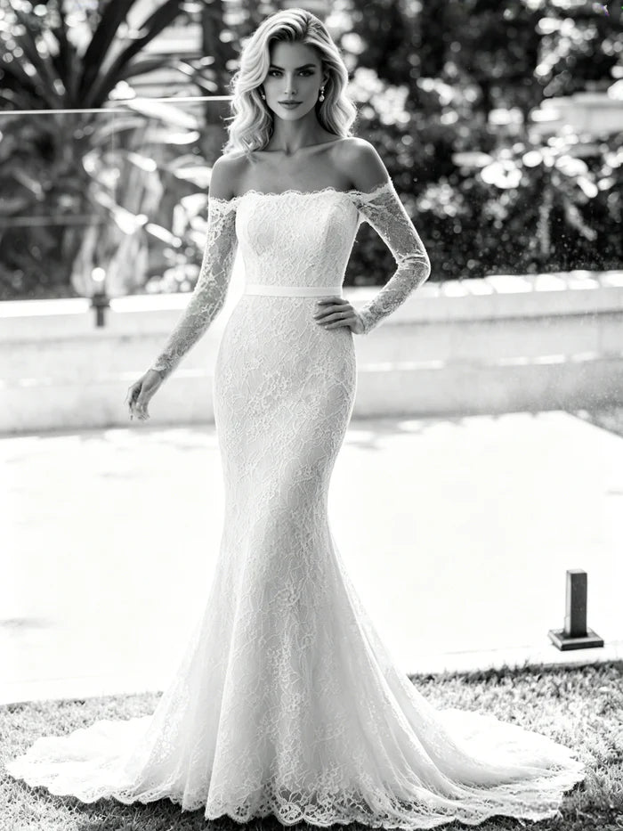 White Mermaid Lace Long Sleeve Wedding Dress
