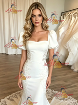 White Mermaid Puff Sleeve Appliques Wedding Dress