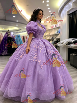 Purple Puff Sleeve Appliques Quinceanera Dress