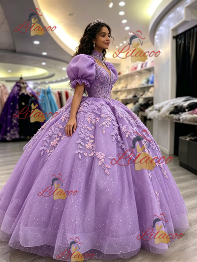 Purple Puff Sleeve Appliques Quinceanera Dress