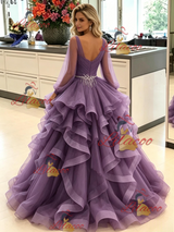 Purple Tulle Long Sleeve Pleats Prom Dress